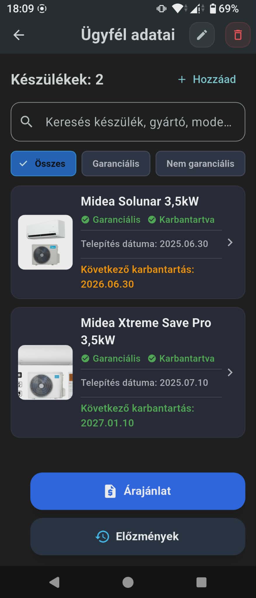 Ügyfél adatlap a KlímaCloud alkalmazásban