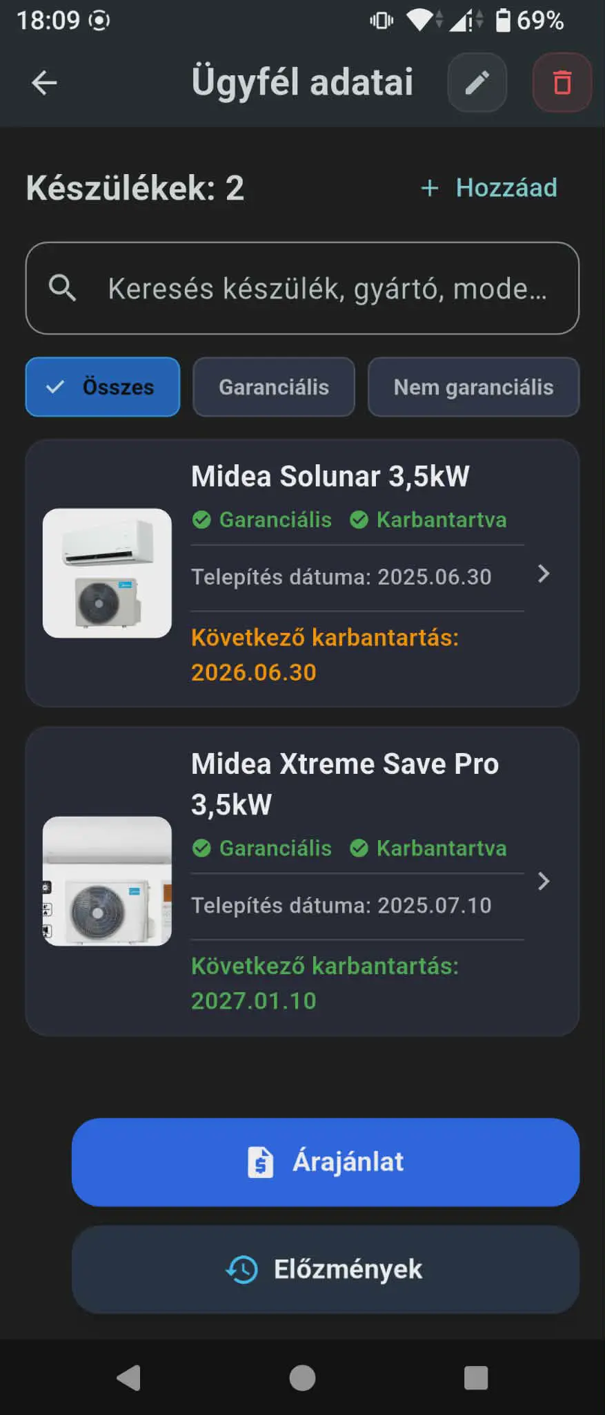 Ügyfél adatlap a KlímaCloud alkalmazásban