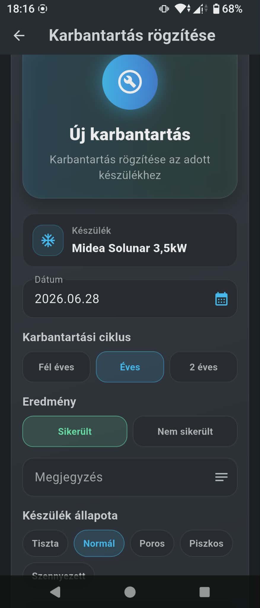 Karbantartás rögzítése