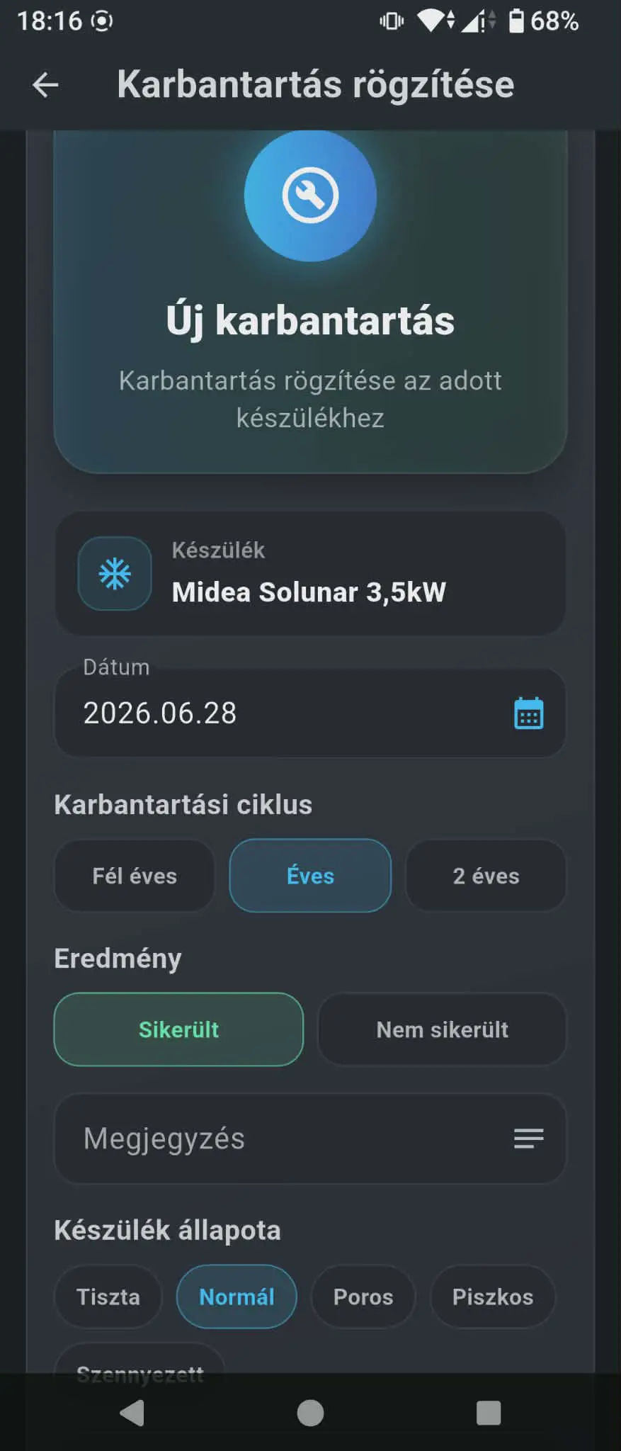 Karbantartás rögzítése